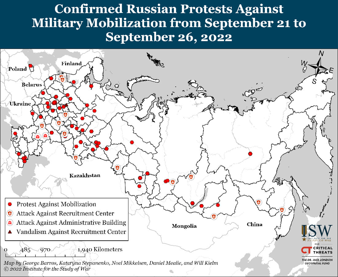 Confirmed Russian protests against military mobilization from september 21 to september 26, 2022